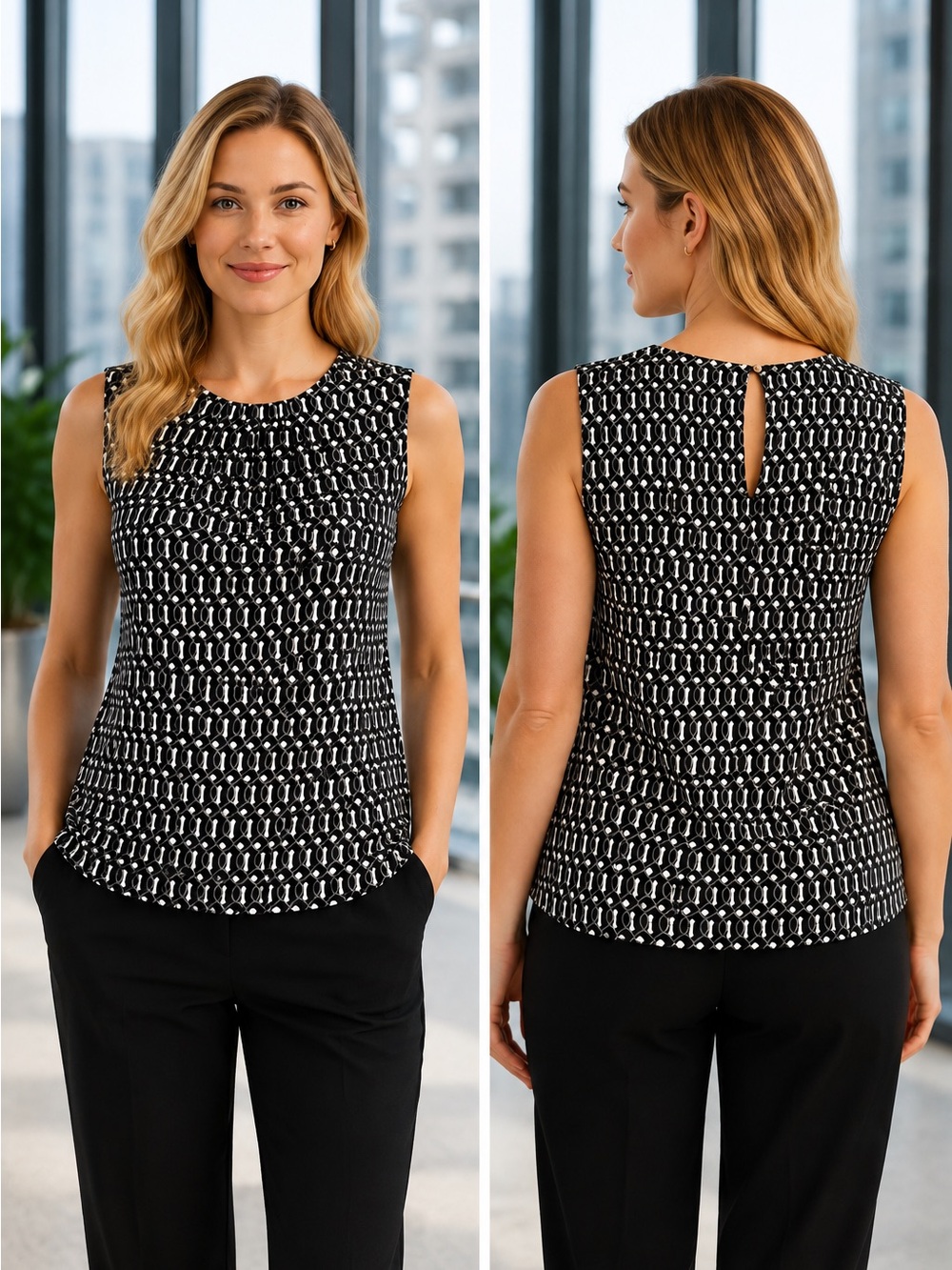 Calvin Klein Black & White Geometric Sleeveless Blouse | Size M